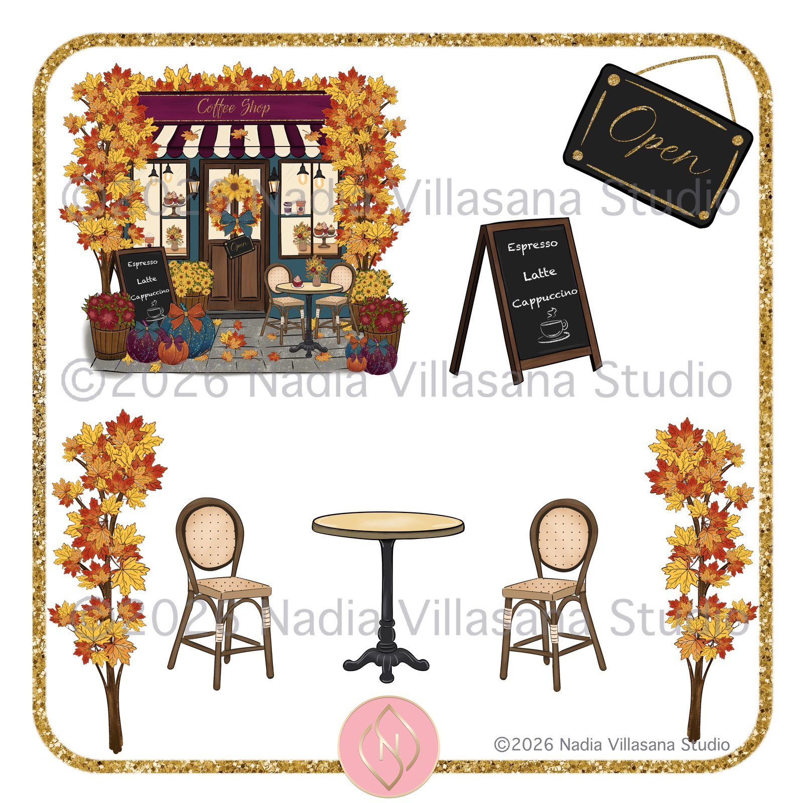 Muestra: fachada de cafetería, letreros, mesa, sillas y árboles de otoño