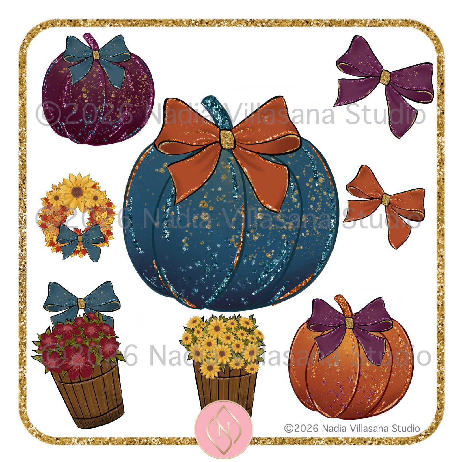 Muestra: calabazas decorativas, moños, corona y macetas con flores