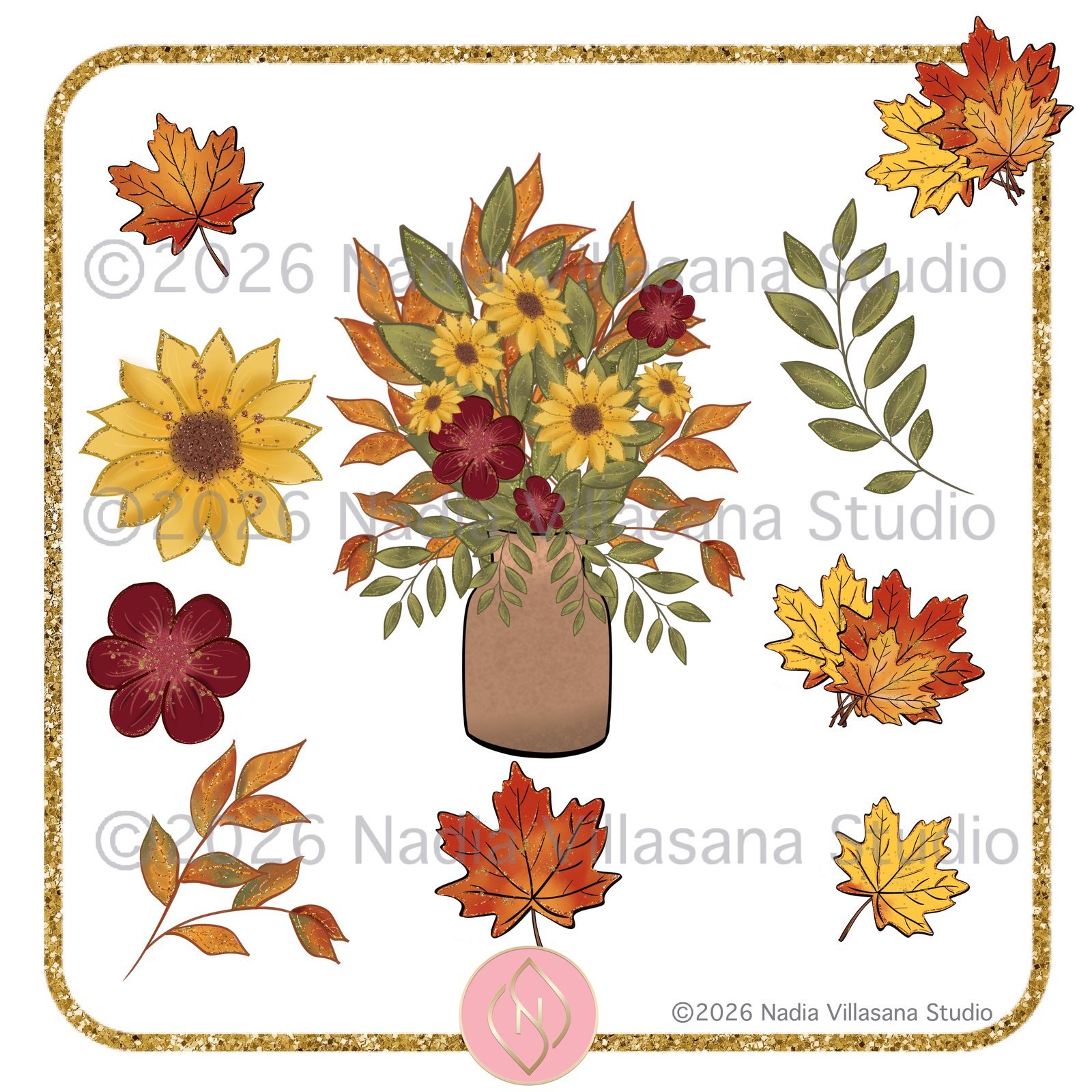 Muestra: flores de temporada, girasoles y hojas de maple