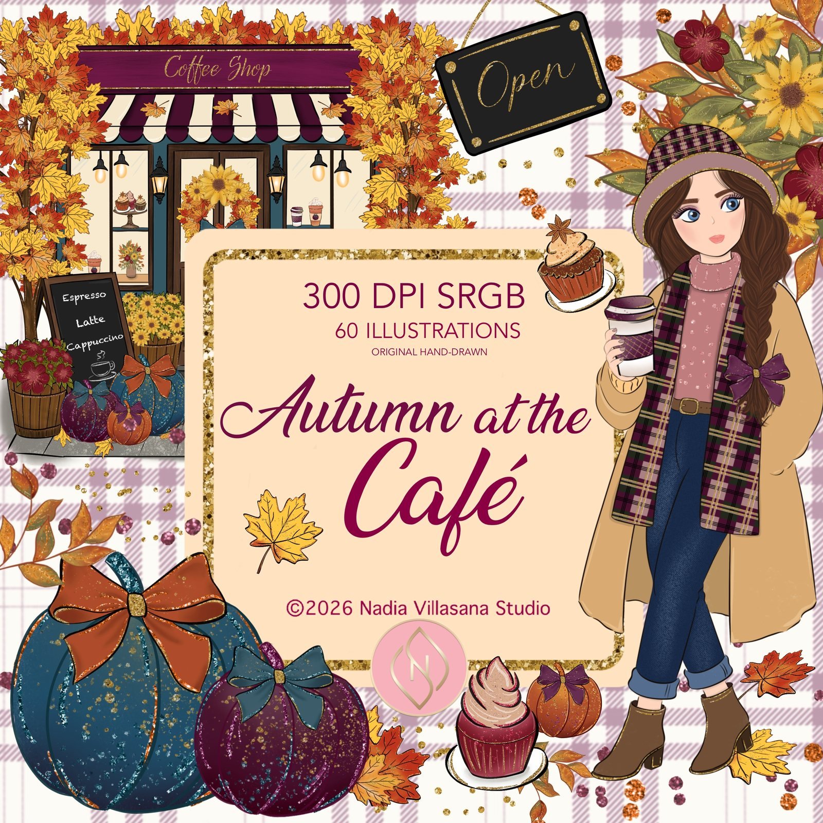 Portada del kit Autumn at the Café: 60 cliparts de otoño dibujados a mano