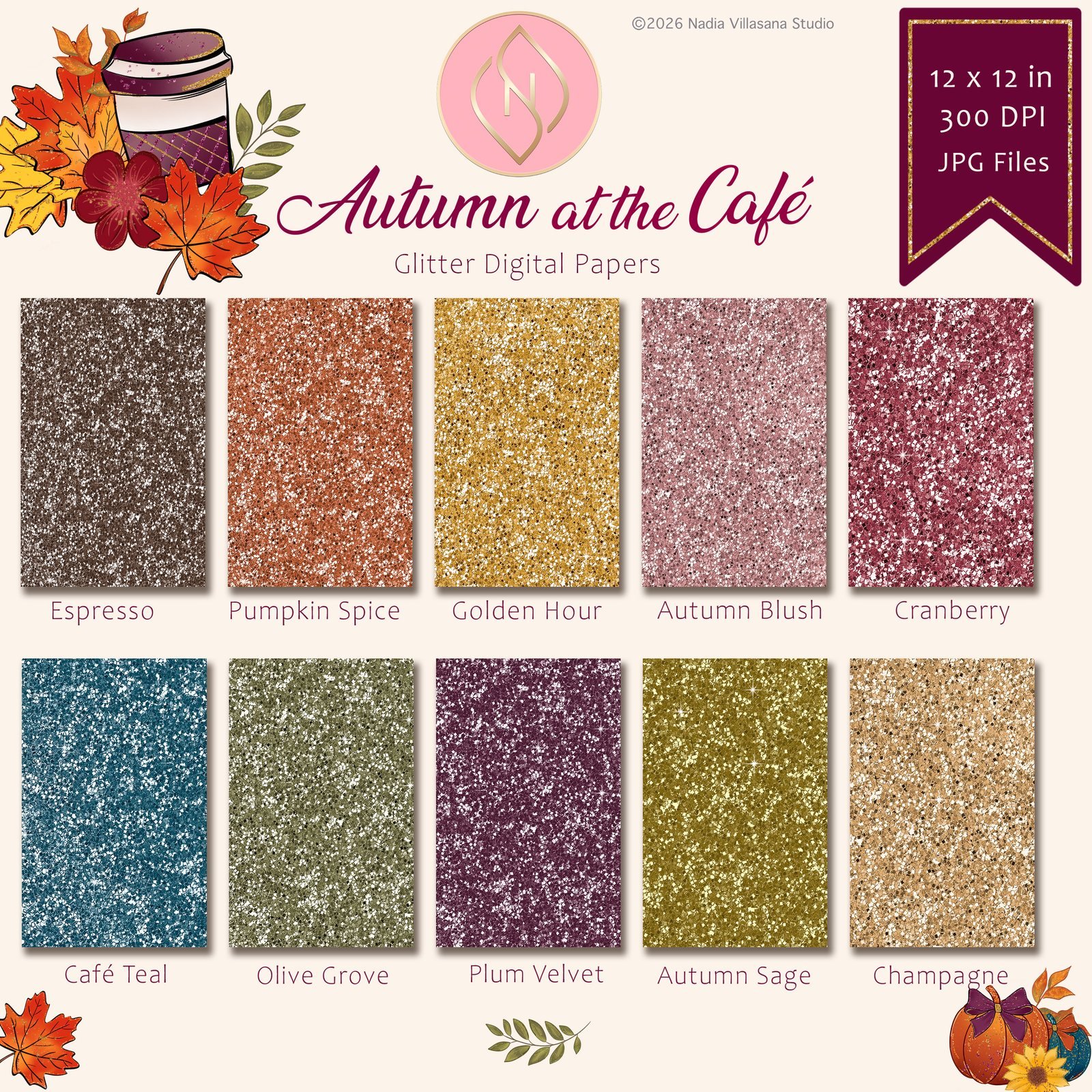 Muestra de los 10 colores: Espresso, Pumpkin Spice, Golden Hour, Autumn Blush, Cranberry, Café Teal, Olive Grove, Plum Velvet, Autumn Sage y Champagne