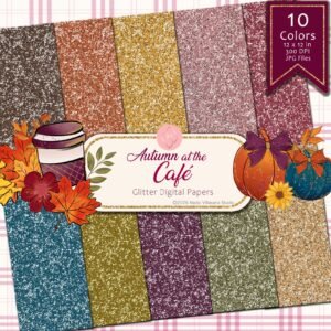 Portada de Autumn at the Café: 10 papeles digitales con glitter de otoño