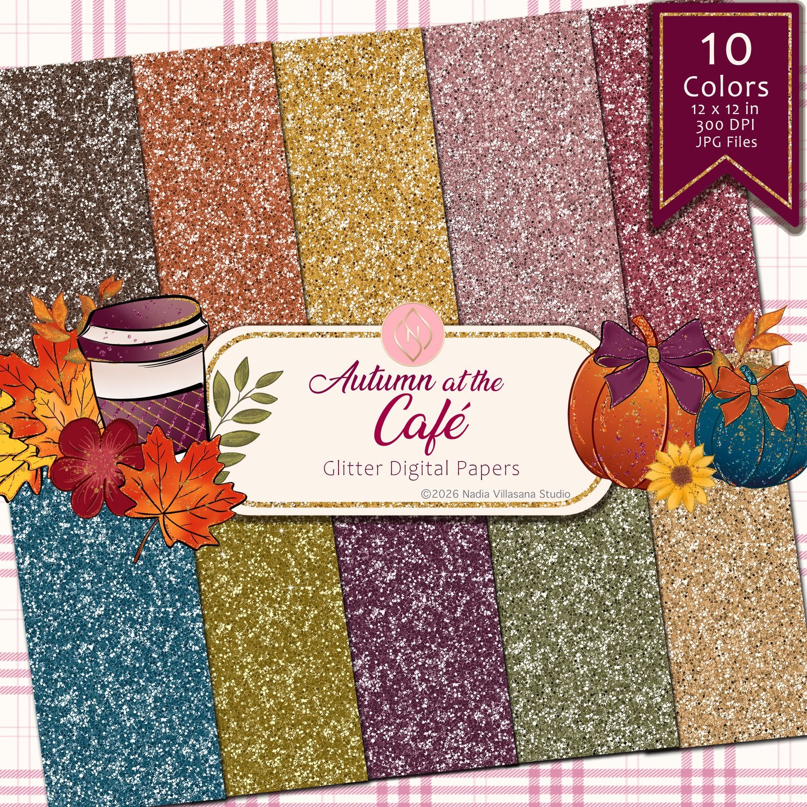 Portada de Autumn at the Café: 10 papeles digitales con glitter de otoño