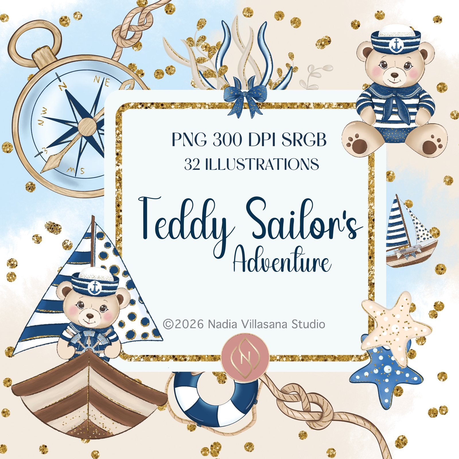 Portada del kit Teddy Sailor's Adventure: 32 cliparts de osito marinero