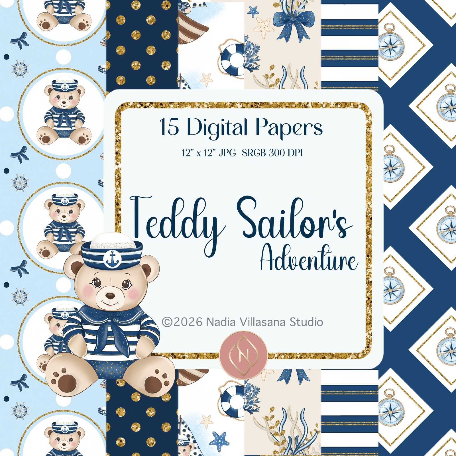 Portada de Teddy Sailor's Adventure: 15 papeles digitales de osito marinero