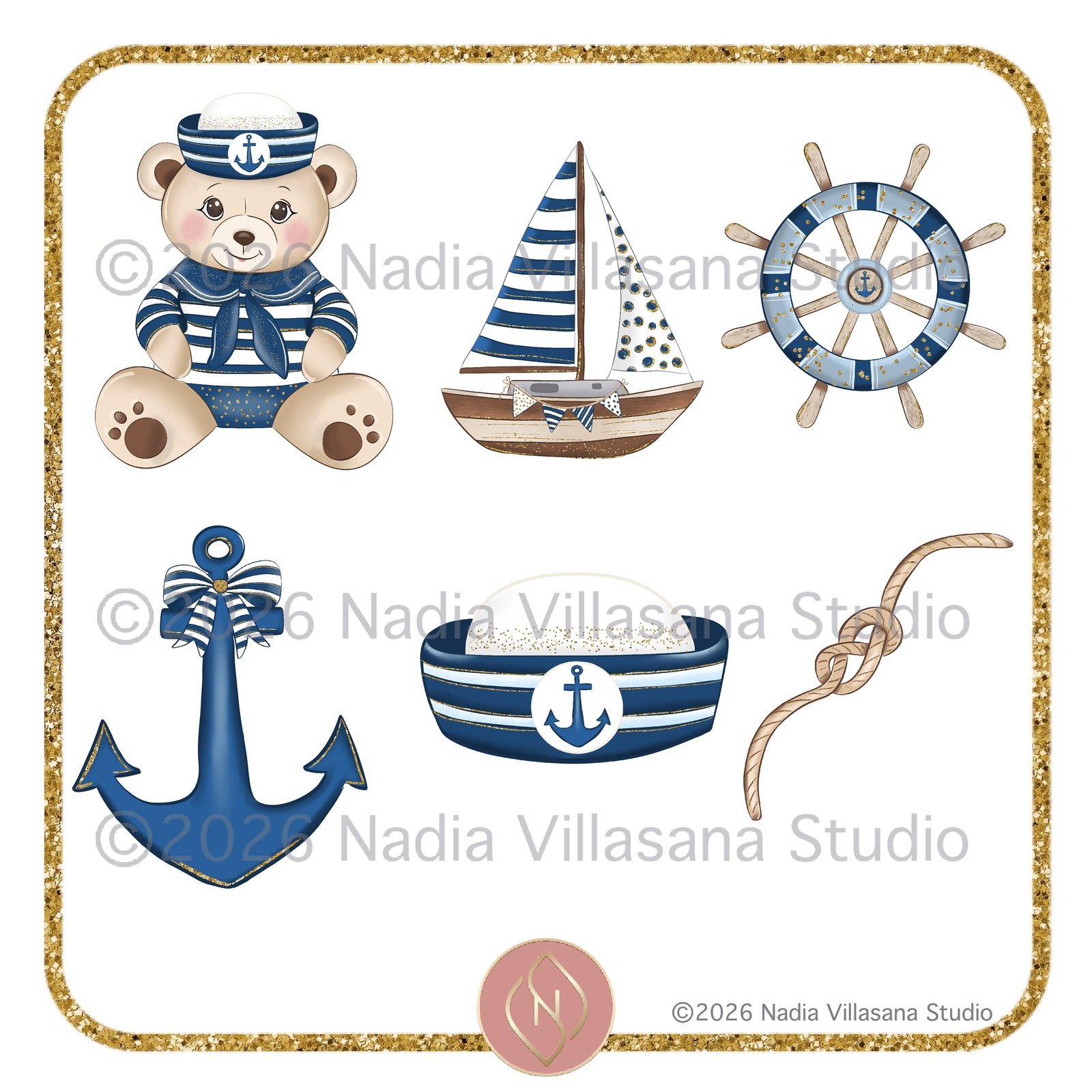 Muestra: osito marinero, velero, timón, ancla, gorro de marinero y cuerda