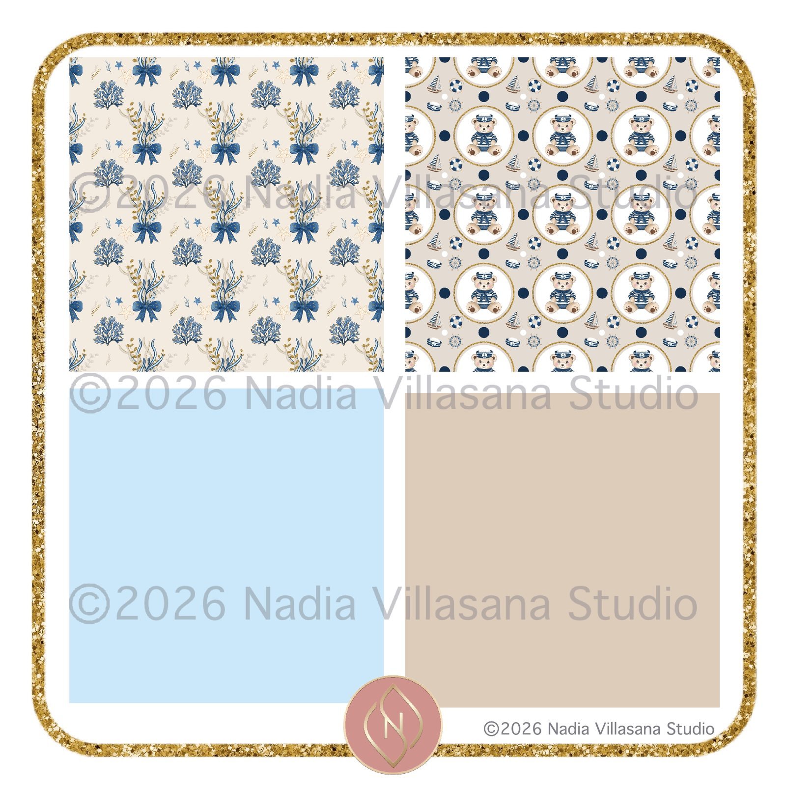 Muestra: papeles de coral con moños, ositos sobre beige, azul cielo liso y beige liso