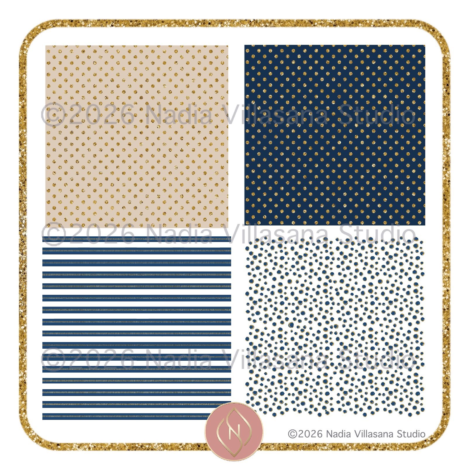 Muestra: papeles de lunares dorados sobre beige y azul marino, rayas azul marino y lunares azules