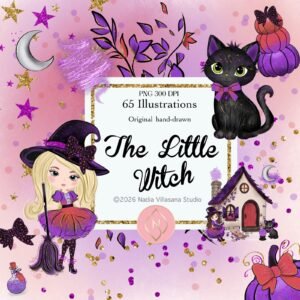 Portada del kit The Little Witch: 65 cliparts de Halloween dibujados a mano